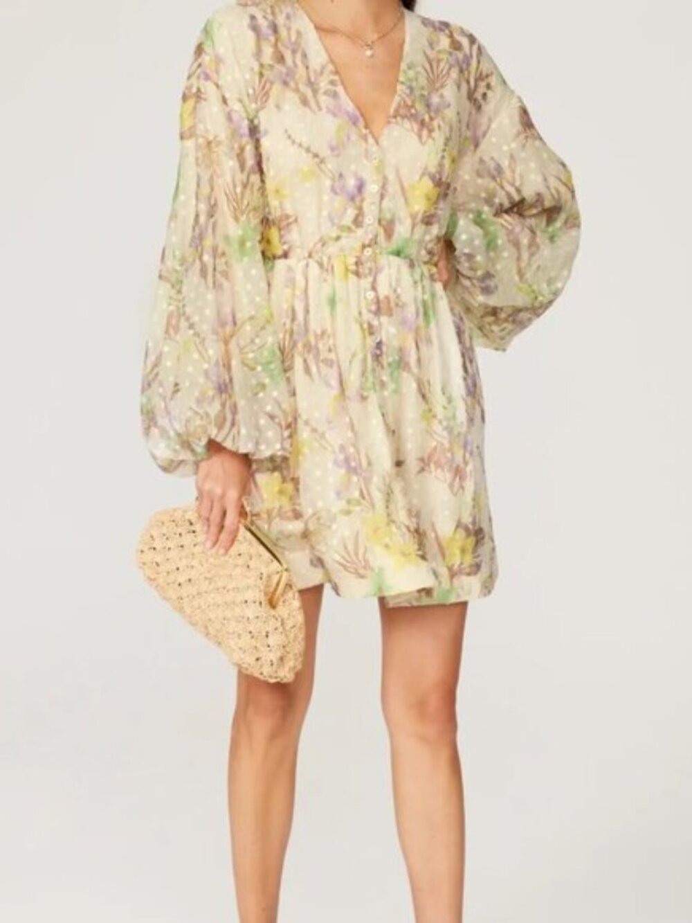 Alexis Behati Floral Chiffon Swiss Dot Balloon Sleeve Mini Dress  Yellow  M 6